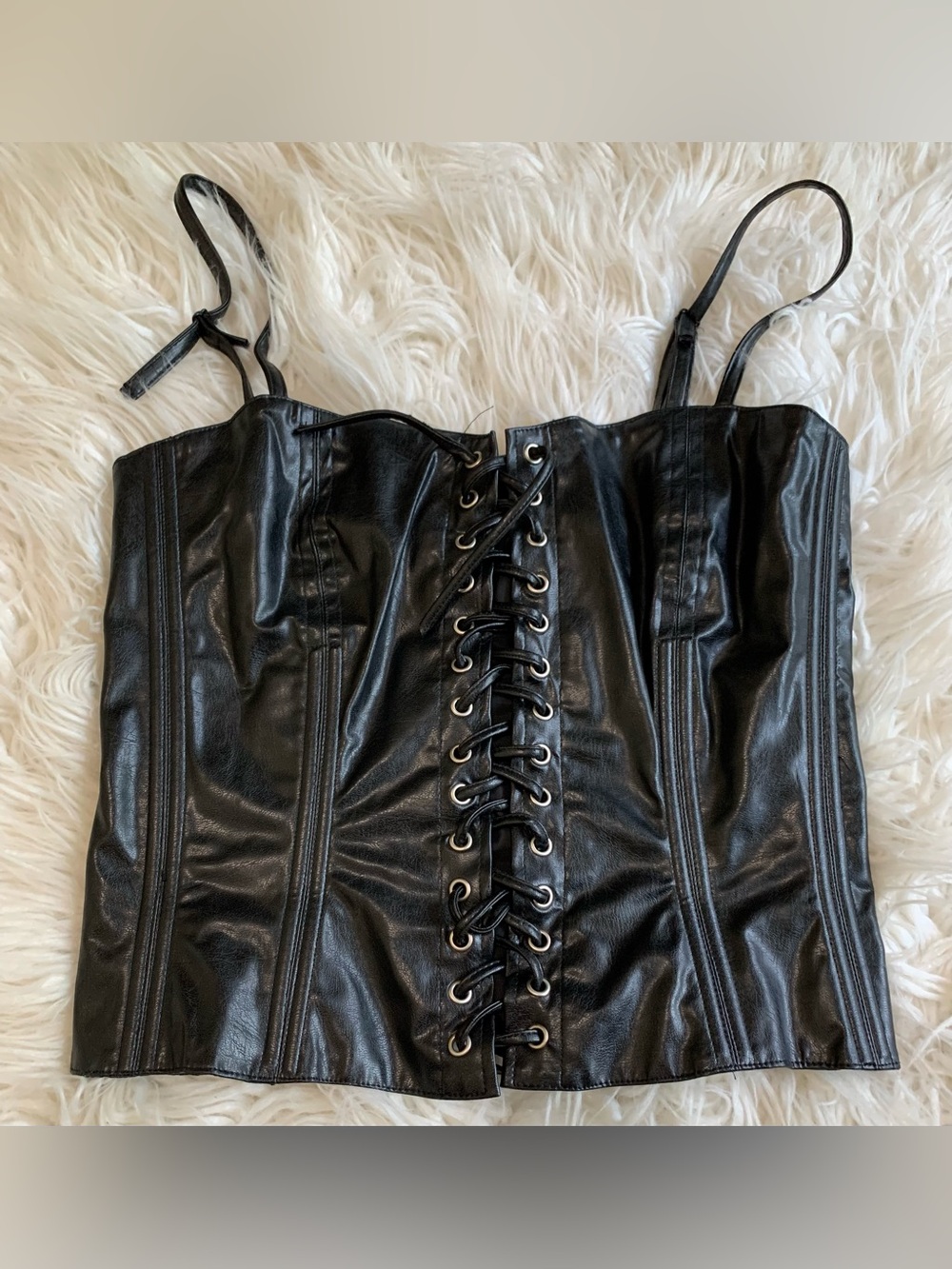 Tripp NYC Y2K Faux Leather Lace Up Double Zipper Corset Top Black Size Medium